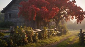 A serene landscape featuring a rustic barn, vibrant red tree, and a winding path. photo