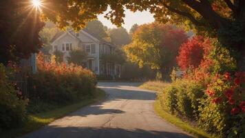 A serene autumn scene with colorful trees lining a winding road and charming houses. photo
