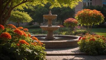 A serene garden scene featuring a fountain surrounded by vibrant flowers and lush greenery. photo