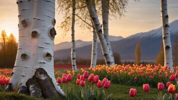 A scenic view of birch trees and vibrant tulips at sunset with mountains in the background. photo