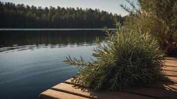 A tranquil lakeside scene with greenery reflecting on calm water. photo