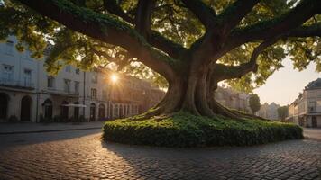 A majestic tree stands in a cobblestone square, illuminated by the sunset. photo