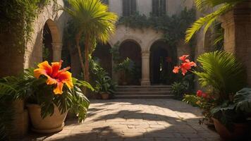 A serene courtyard filled with vibrant flowers and lush greenery, evoking tranquility. photo