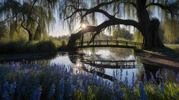 Serene landscape with a bridge over a reflective pond, surrounded by willow trees and flowers. photo