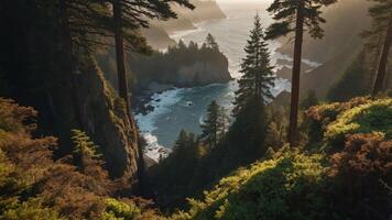 A serene coastal view with towering trees and waves crashing against the rocks. photo