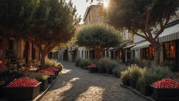 A serene street scene lined with trees and vibrant flower pots in a quaint setting. photo