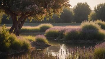 Serene landscape featuring a tree, lavender fields, and a calm water reflection. photo