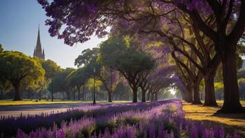 A scenic view of purple flowering trees lining a pathway with a church spire in the background. photo