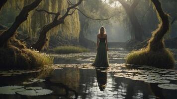A serene figure stands amidst a tranquil, misty landscape with water lilies and lush greenery. photo