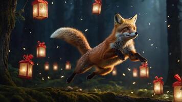 A playful fox leaps through a mystical forest adorned with glowing lanterns. photo