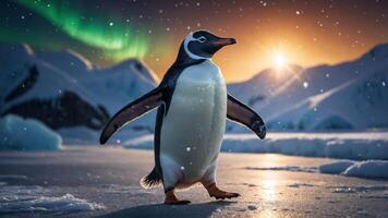 A penguin stands on ice with a backdrop of mountains and the aurora borealis. photo