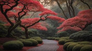 Serene garden path lined with vibrant red trees and lush greenery. photo