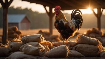 A rooster stands on burlap sacks at sunrise in a rural setting. photo