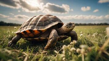 A turtle moving through a grassy field under a cloudy sky. photo