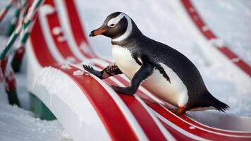 A penguin sliding down a festive candy cane-shaped slide in a snowy environment. photo
