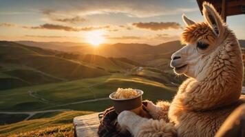 A llama enjoying a scenic sunset view while holding a bowl of popcorn. photo