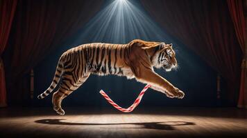 A tiger leaps gracefully over a red-and-white striped ribbon in a spotlighted stage setting. photo