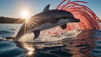 A dolphin leaps through water, surrounded by colorful swirling lines and a sunset backdrop. photo