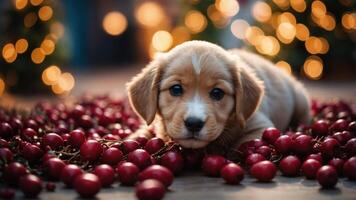 A cute puppy surrounded by red berries, set against a soft, festive background. photo