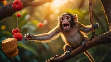 A playful monkey reaching for food on a branch in a sunlit forest. photo