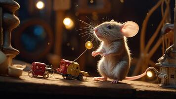 A whimsical mouse interacts with toy vehicles in a cozy, warmly lit setting. photo