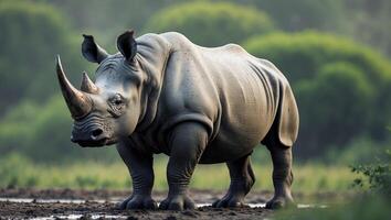 A rhinoceros standing in a muddy patch with a backdrop of lush greenery photo