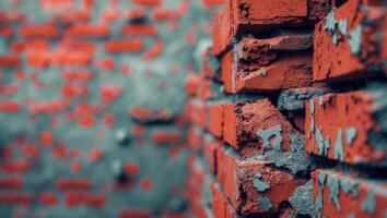 Blurred texture background of crumbling old red brick wall photo