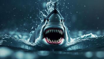 shark emerging from the ocean with its mouth open photo