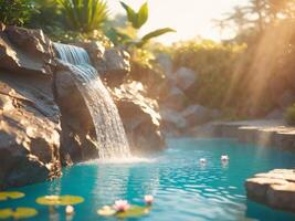 Artificial waterfall flowing into turquoise swimming pool on sunny day photo