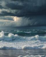 Majestic Ocean Waves Crashing Under a Stormy Sky photo