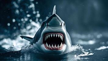 shark emerging from the ocean with its mouth open photo