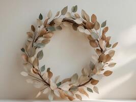 Elegant wooden wreath with intricate leaf design photo