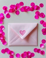 A pink envelope with a heart on it is covered in pink confetti photo