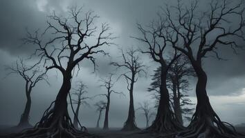 A dark forest with trees and dark clouds photo