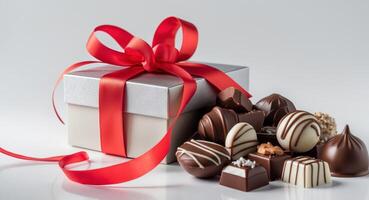 A decorative box filled with assorted chocolates tied with a red ribbon photo