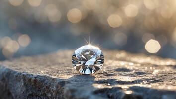 Sparkling diamond resting on a rugged stone surface illuminated by soft sunlight in the afternoon photo