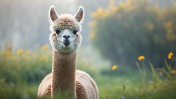 Alpaca in a playful pose showcasing its fluffy coat and cheerful demeanor in a natural outdoor setting surrounded by vibrant and serene scenery photo