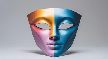 A colorful mask with a face on a gray background photo