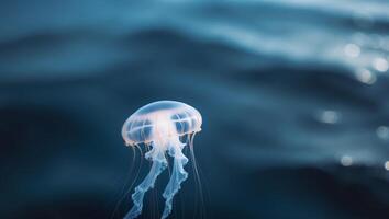 A jellyfish floating in the ocean with its tentacles out photo