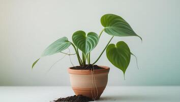 A potted plant with green leaves on a white table photo