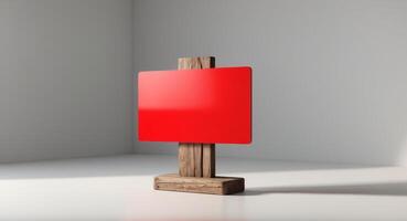 A red sign on a wooden stand in front of a white wall photo