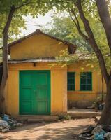Village House with Yellow Walls and Green Doors Surrounded by Trees and some Garbage photo