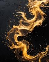 Dynamic swirls of golden light create an abstract representation of chaos and beauty in a dark background photo