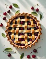 Rustic Cherry Pie with Golden Lattice Crust and Fresh Cherries photo
