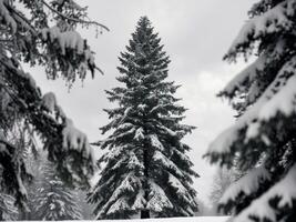 Tall evergreen tree with snow covered branches photo