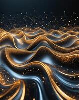 Golden Swirling Waves With Sparkling Particles in a Dark Background. photo