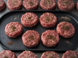 Handmade raw burger cutlets with minced meat and spices arranged on a black tray from a top view perspective. photo