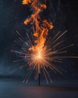 Fire Sparks Illuminate Dark Background Creating a Dramatic Visual Effect. photo