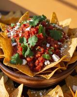Delicious nachos with fresh salsa served in a rustic bowl at a vibrant gathering. photo