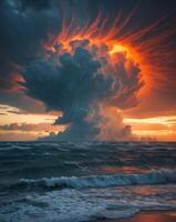 Dramatic Explosive Cloud Forming Over Ocean at Twilight with Fiery Colors and Dark Stormy Sky. photo